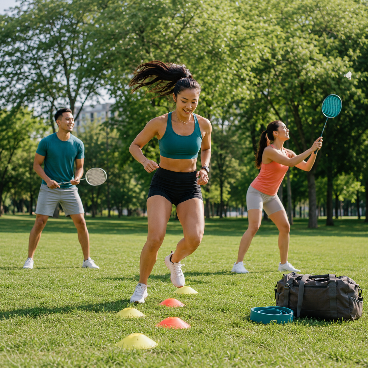 Sportgruppe trainiert mit Markierungshütchen und Badmintonschlägern in einem grünen Park