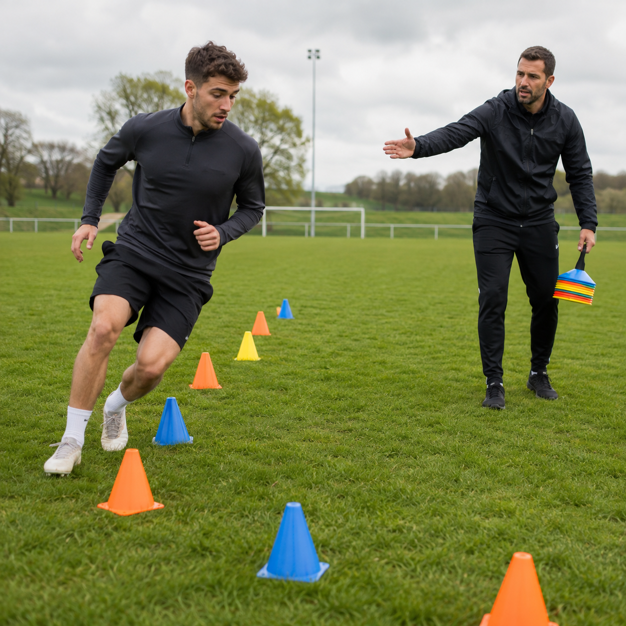 Sportler absolviert einen Slalomlauf zwischen bunten Markierungshütchen unter Anleitung eines Trainers