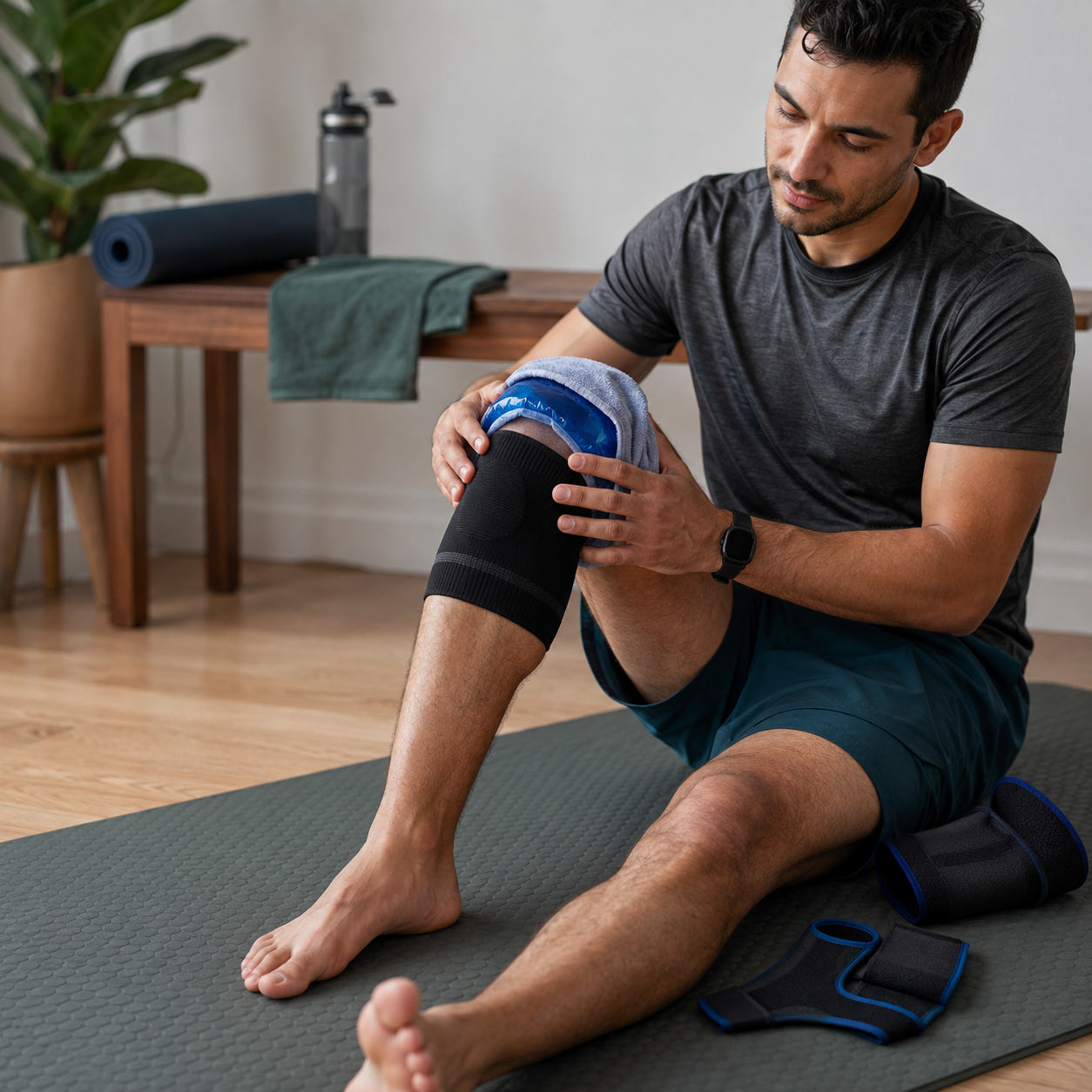 Freizeitsportler verwendet eine Kniebandage und eine blaue Kühlkompresse nach dem Training
