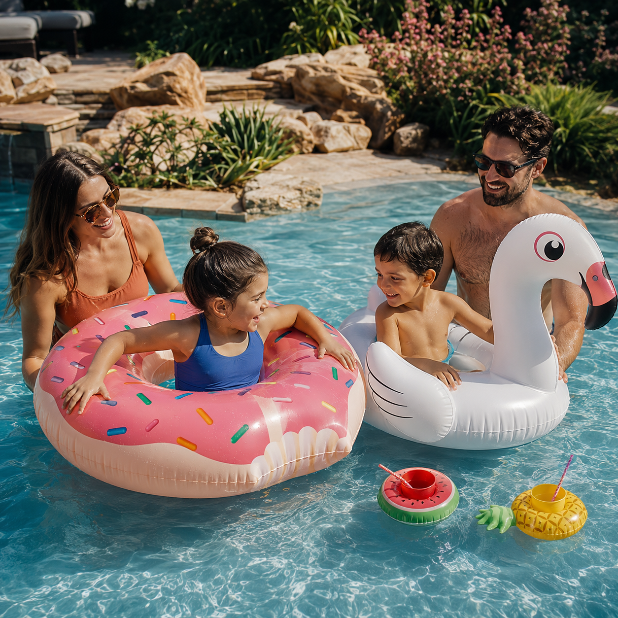 Familie genießt einen Sommertag mit Donut- und Flamingo-Schwimmringen im Pool