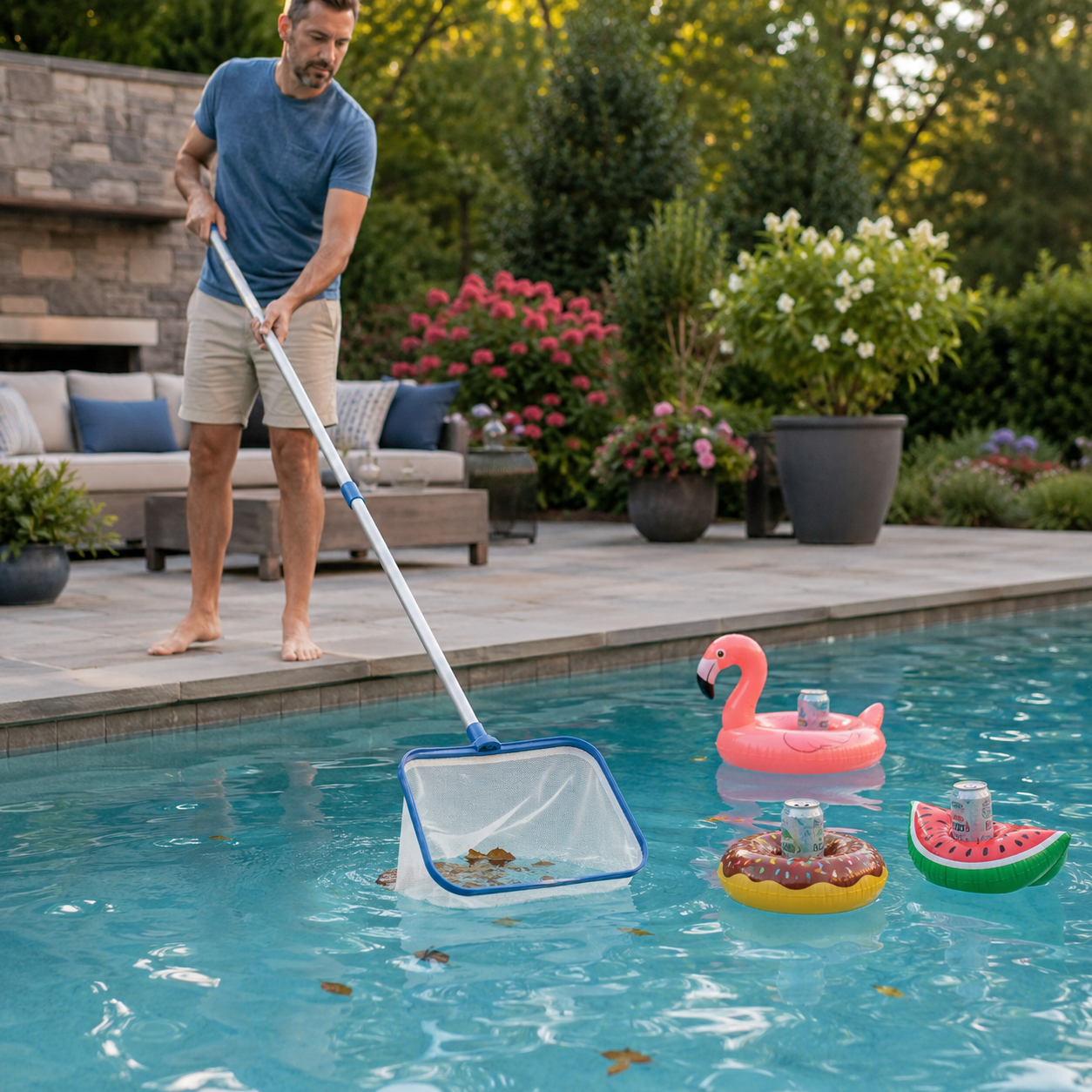 Mann reinigt einen Gartenpool mit einem Teleskopkescher neben bunten Getränkehaltern