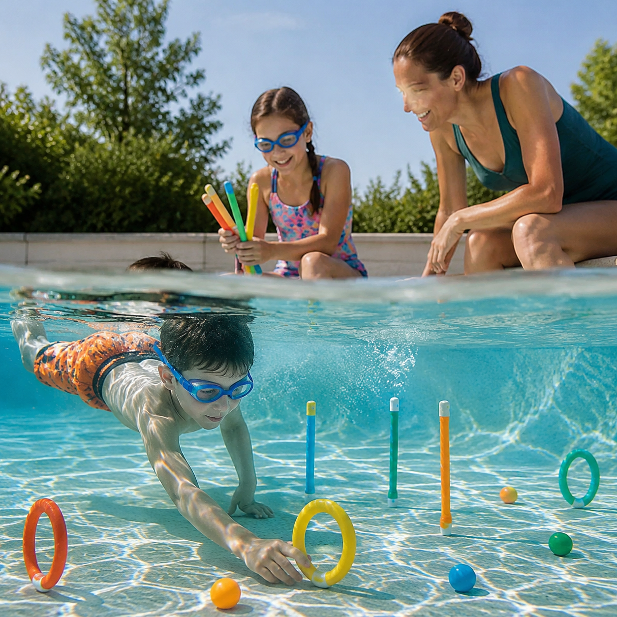 Kinder sammeln unter Aufsicht bunte Tauchringe und Tauchstäbe aus einem flachen Pool