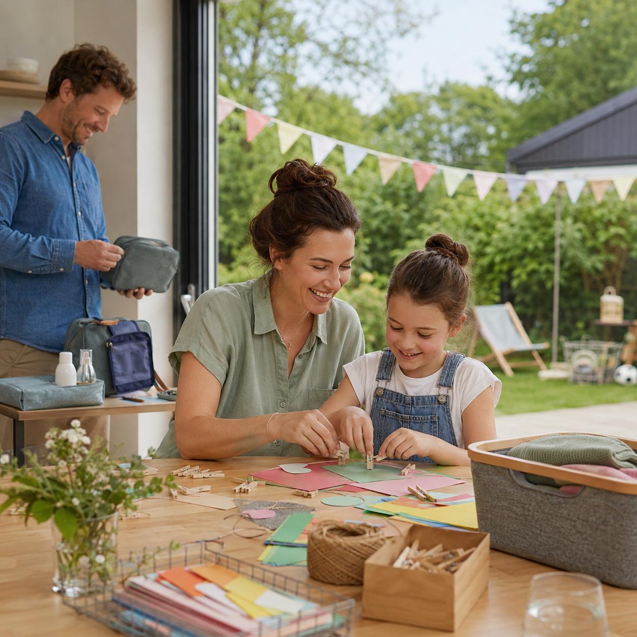 Familie nutzt kreative, praktische und saisonale Produkte gemeinsam im Haus und Garten