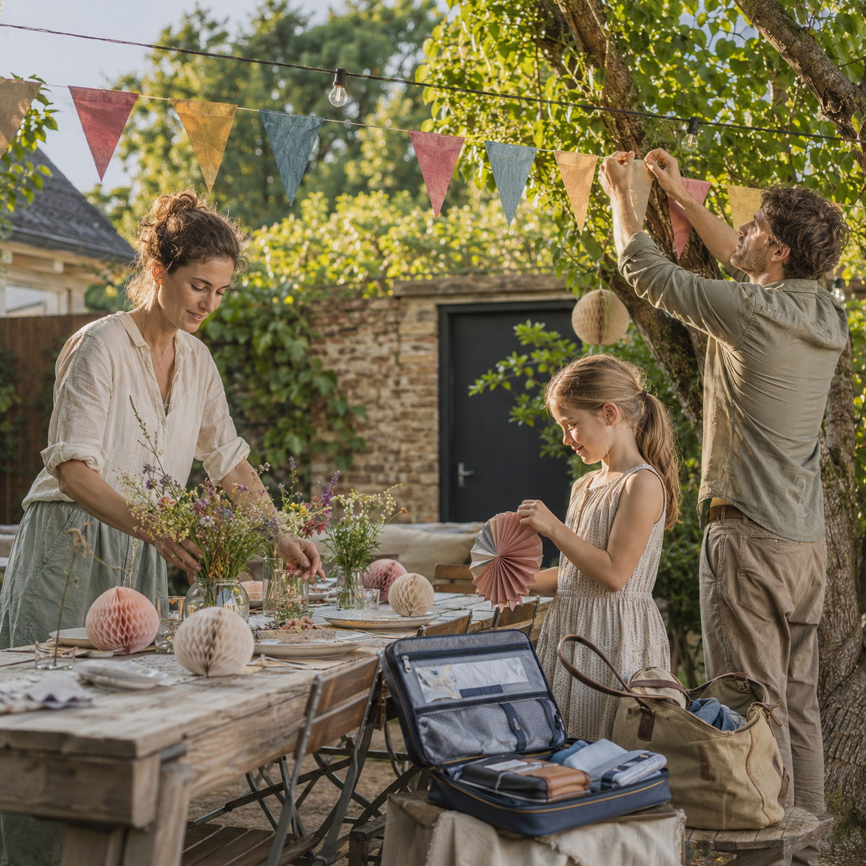 Familie bereitet mit Partydekoration und Reiseaccessoires ein gemeinsames Gartenfest vor