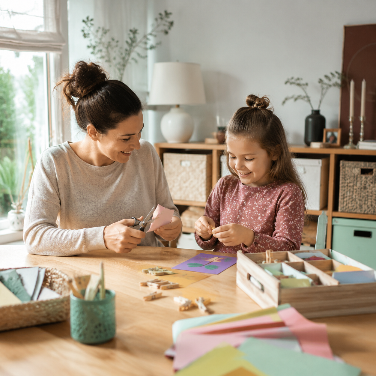 Mutter und Kind basteln mit Papier, Klammern und praktischen Ordnungshelfern