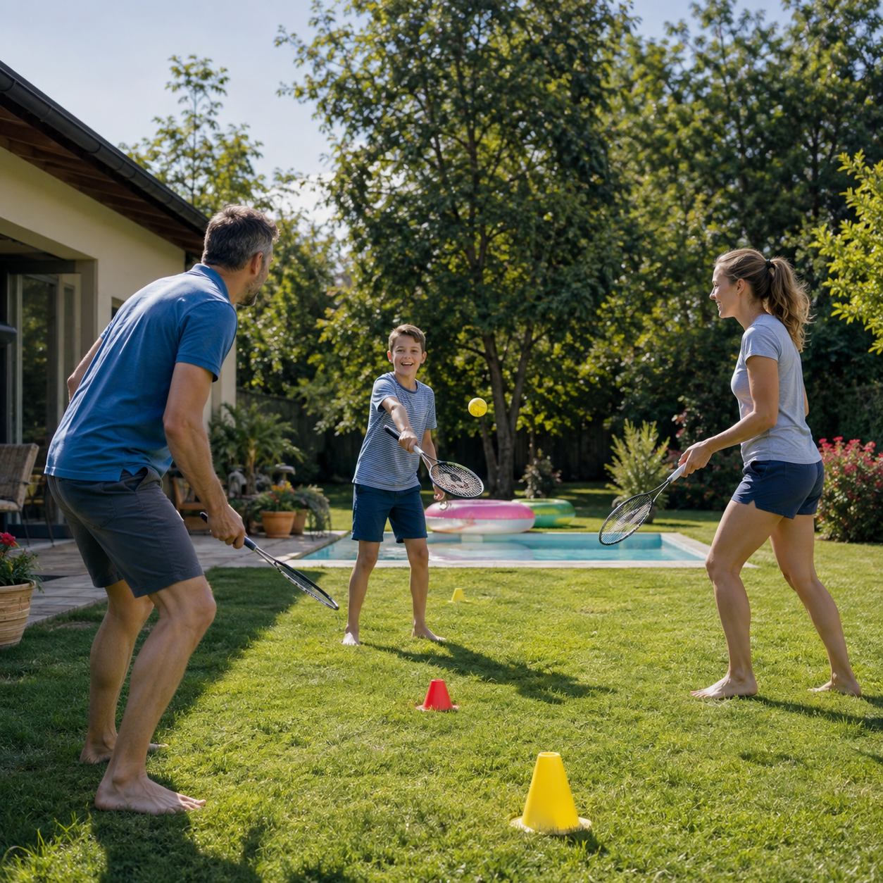 Familie nutzt Sport-, Garten- und Poolzubehör bei einem aktiven Tag im Freien