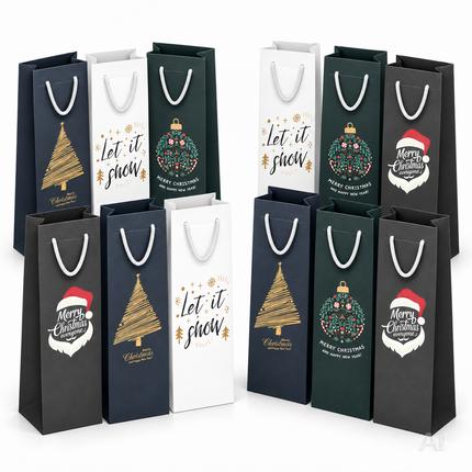 12 weihnachtliche Flaschentüten von MerryXmas in zwei versetzten Gruppen auf weißem Hintergrund