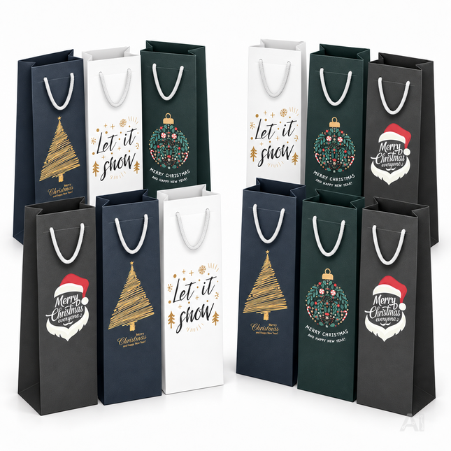 12 weihnachtliche Flaschentüten von MerryXmas in zwei versetzten Gruppen auf weißem Hintergrund