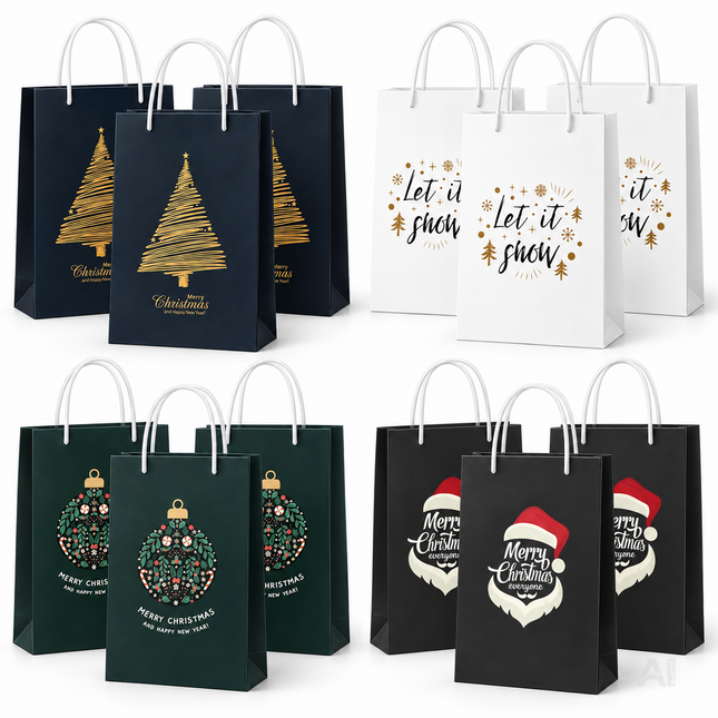 12 Weihnachts-Geschenktüten von HappyMas mit festlichen Motiven auf weißem Hintergrund