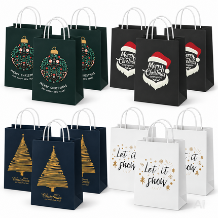 12 Weihnachts-Geschenktüten von MerryXmas mit vier festlichen Motiven auf weißem Hintergrund