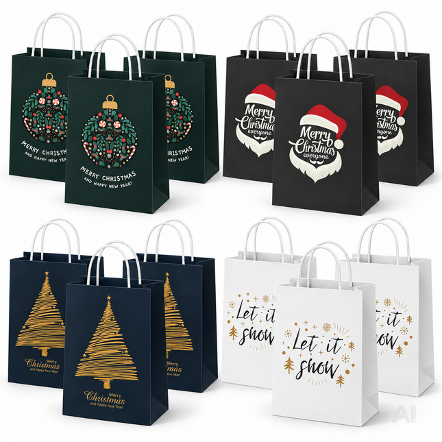 12 Weihnachts-Geschenktüten von MerryXmas mit vier festlichen Motiven auf weißem Hintergrund