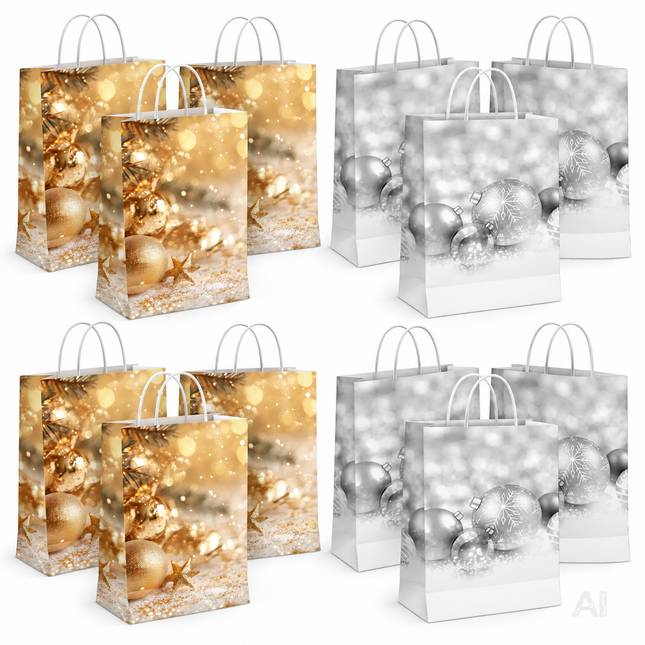 12 Weihnachts-Geschenktüten mit goldenen und silbernen Motiven auf weißem Hintergrund