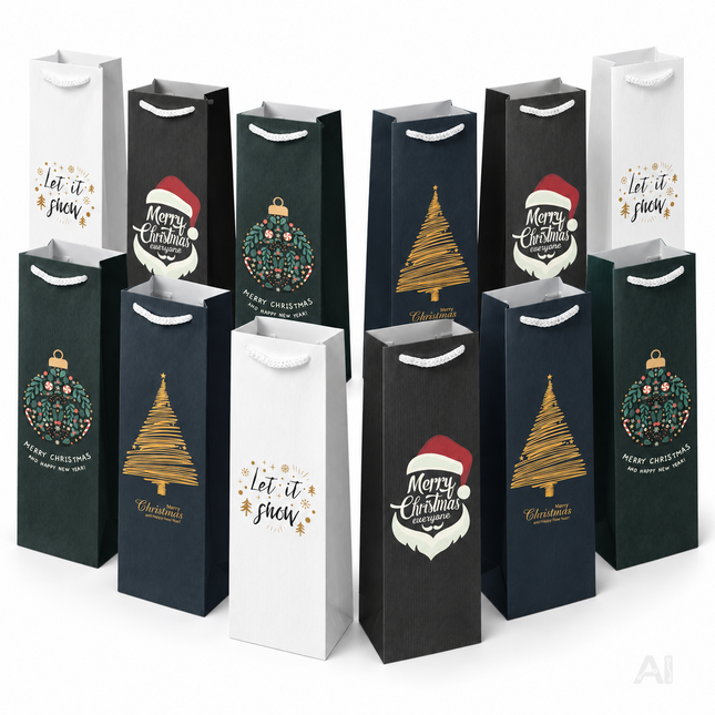 12 weihnachtliche Flaschentüten im Weihnachtswunder-Design auf weißem Hintergrund