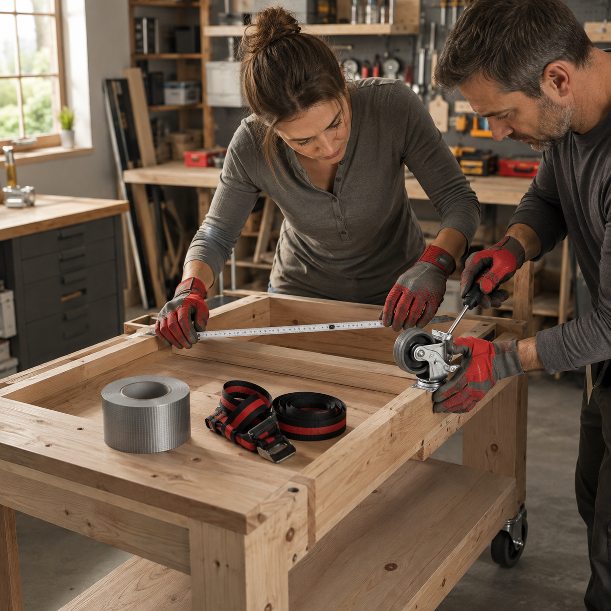 Heimwerkerpaar baut mit Arbeitshandschuhen, Zollstock und Schwerlastrollen eine mobile Werkbank