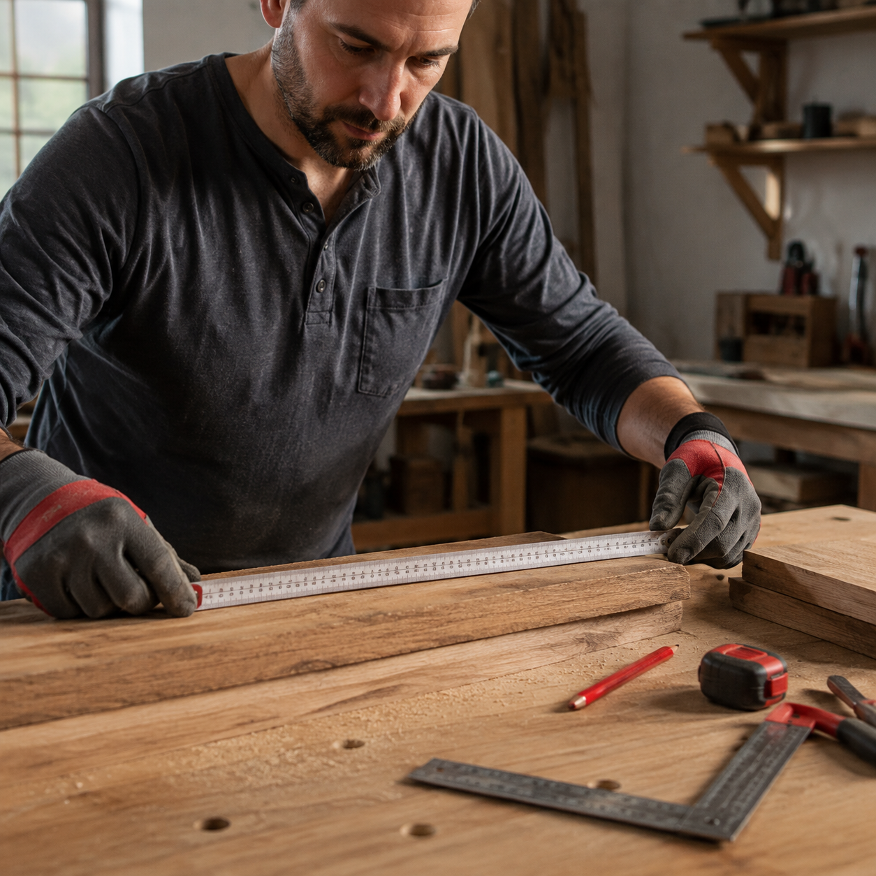 Heimwerker misst mit Zollstock und Arbeitshandschuhen ein Holzbrett auf der Werkbank