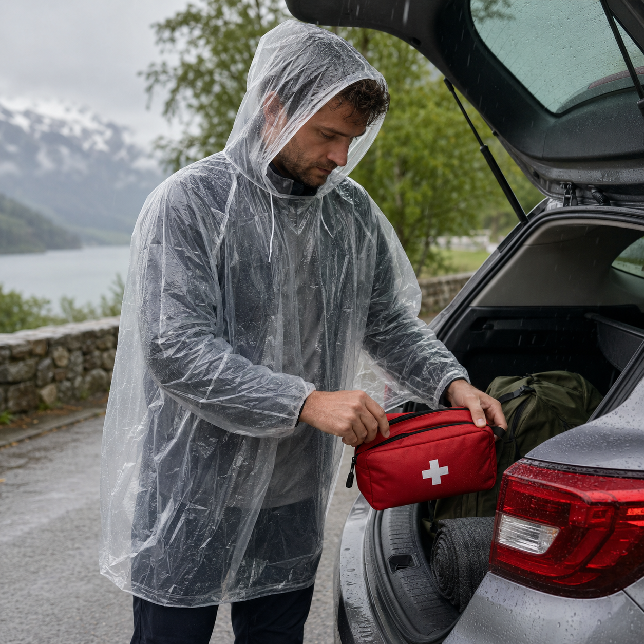 Reisender mit transparentem Regenponcho und roter Erste-Hilfe-Tasche neben einem Auto