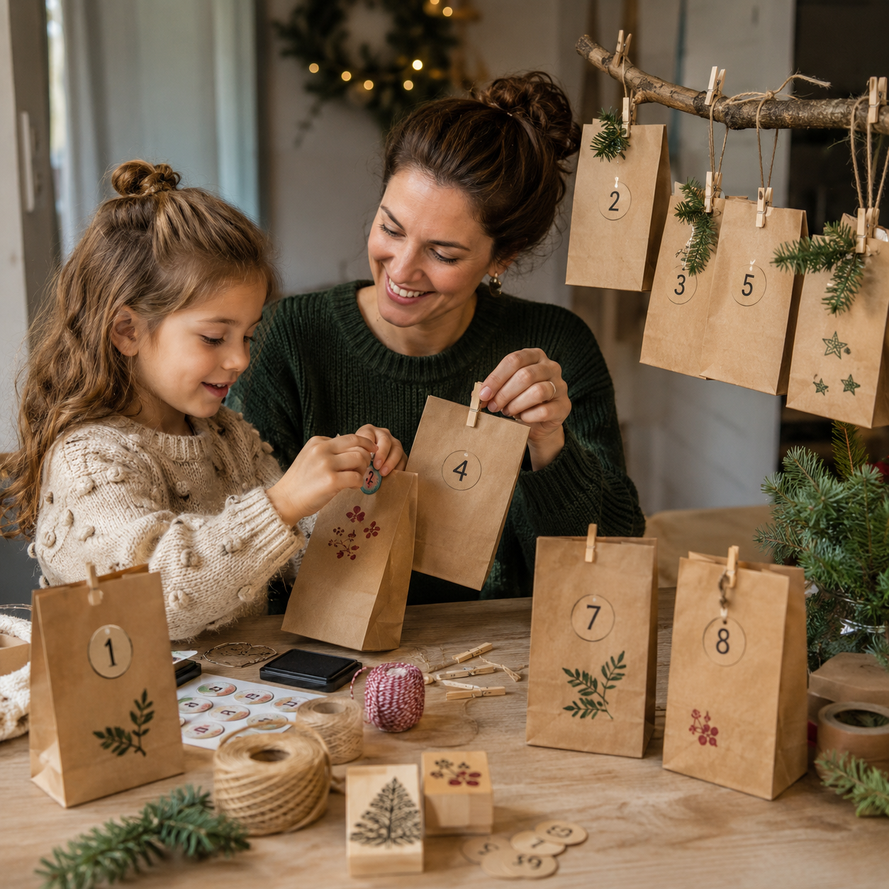 Mutter und Kind gestalten einen Adventskalender aus braunen Kraftpapiertüten