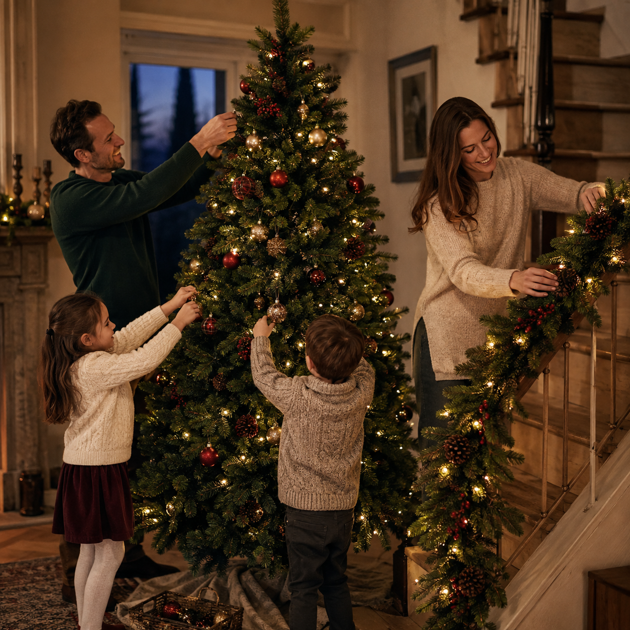 Familie schmückt gemeinsam einen Weihnachtsbaum und eine Tannengirlande