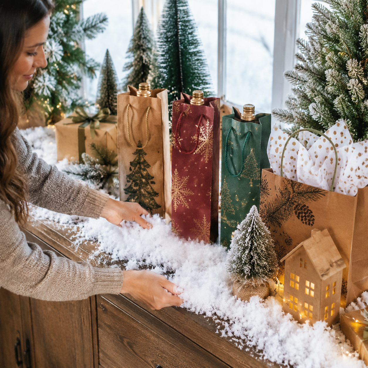 Frau gestaltet eine winterliche Tischdekoration mit Kunstschnee und weihnachtlichen Geschenktüten
