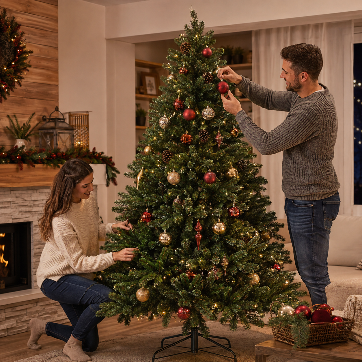 Paar schmückt einen naturgetreuen künstlichen Weihnachtsbaum mit roten und goldenen Kugeln