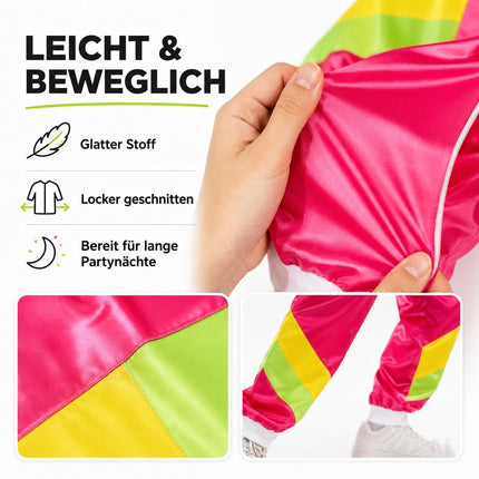 80er 90er Jahre Trainingsanzug Outfit Overall - neon Jogginganzug Herren & Damen - Retro Bad Taste für Fasching & Karneval (Pink, M/L)