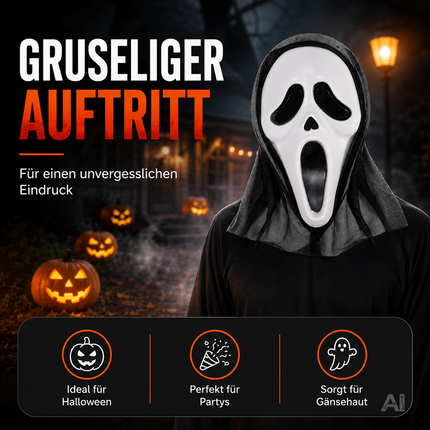 Weiße Geistermaske mit schwarzer Kapuze