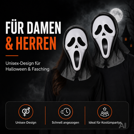 Weiße Geistermaske mit schwarzer Kapuze