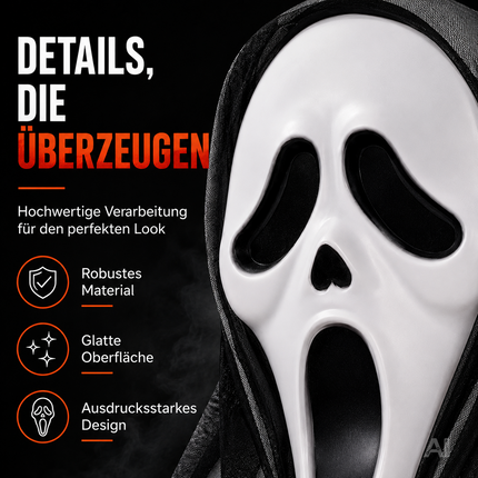 Weiße Geistermaske mit schwarzer Kapuze