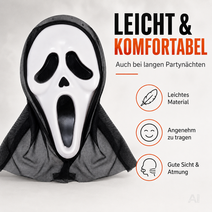 Weiße Geistermaske mit schwarzer Kapuze