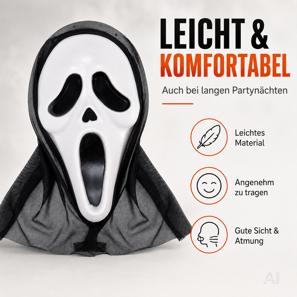 Weiße Geistermaske mit schwarzer Kapuze