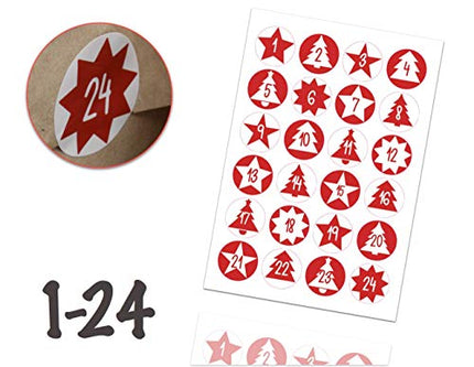Weihnachtswunder® Adventskalender Weihnachten Aufkleber Etiketten Sticker Zahlen Buttons 1-24 selbstklebend zum basteln Ed.2 (rot)